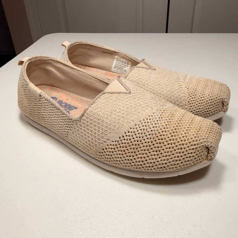 Skechers BOBS Pureflex 2 Metallic Woven Slip On Flats Beige Tan Size 8.5